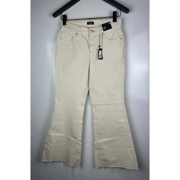 NWT Express Mid Rise Cream Raw Hem '70s Flare Jeans Size 2S 2 Short 28" x 29" - Picture 15 of 16